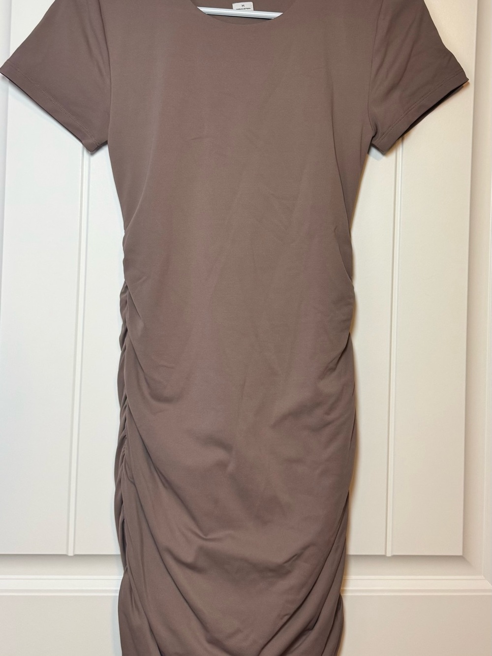 Aritzia Babton Ruched Side Midi Dress in Warm Taupe